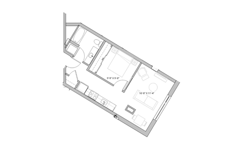 Floor plan for 1 bed, 1 bath, 601 sqft